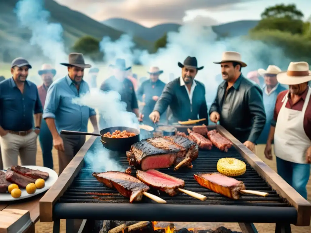 Una escena detallada y realista de iconos en la historia del asado uruguayo, en un ambiente de camaradería y tradición