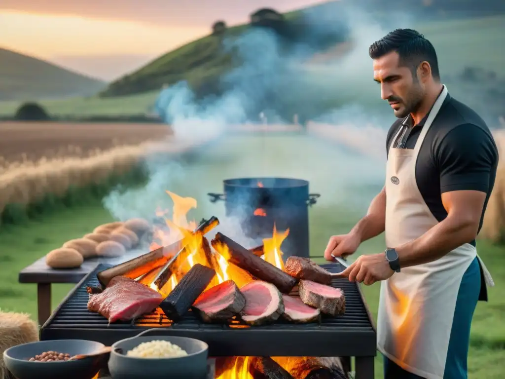 Una escena detallada y realista de maestros asadores en Uruguay certificados, preparando cortes de carne sobre fuego abierto en un entorno tradicional