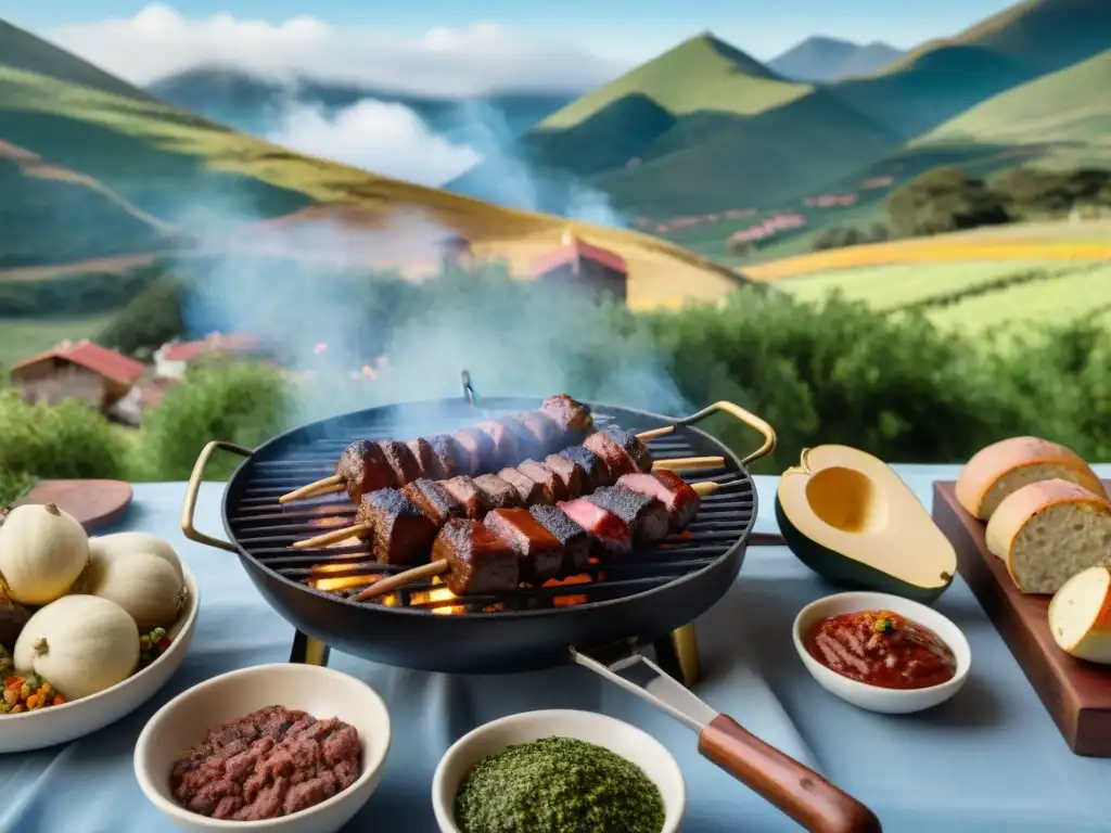 Una escena detallada y realista de un tradicional asado uruguayo en el campo, donde la tradición del asado uruguayo cobra vida