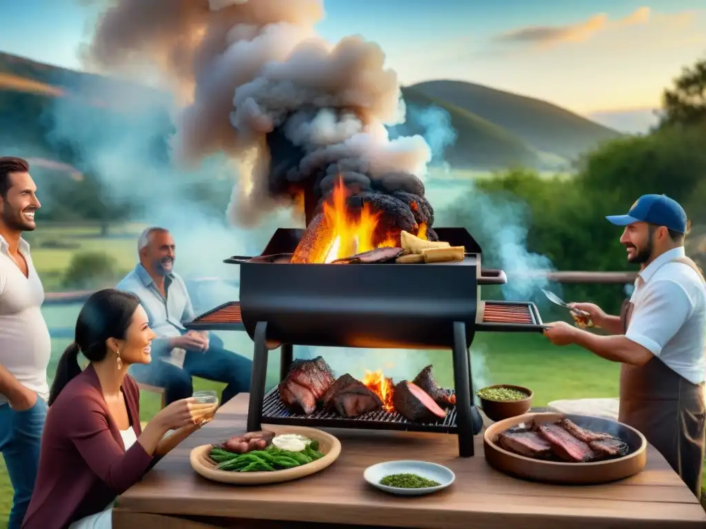 Una escena detallada y realista de un tradicional asado uruguayo, con gauchos y seres queridos disfrutando juntos