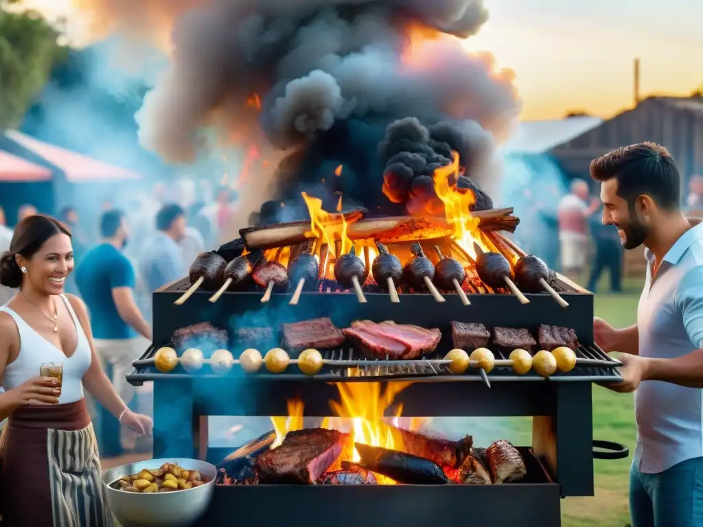 Una escena detallada y realista de un tradicional asado uruguayo, donde amigos y familia comparten risas y alegría alrededor de la parrilla humeante