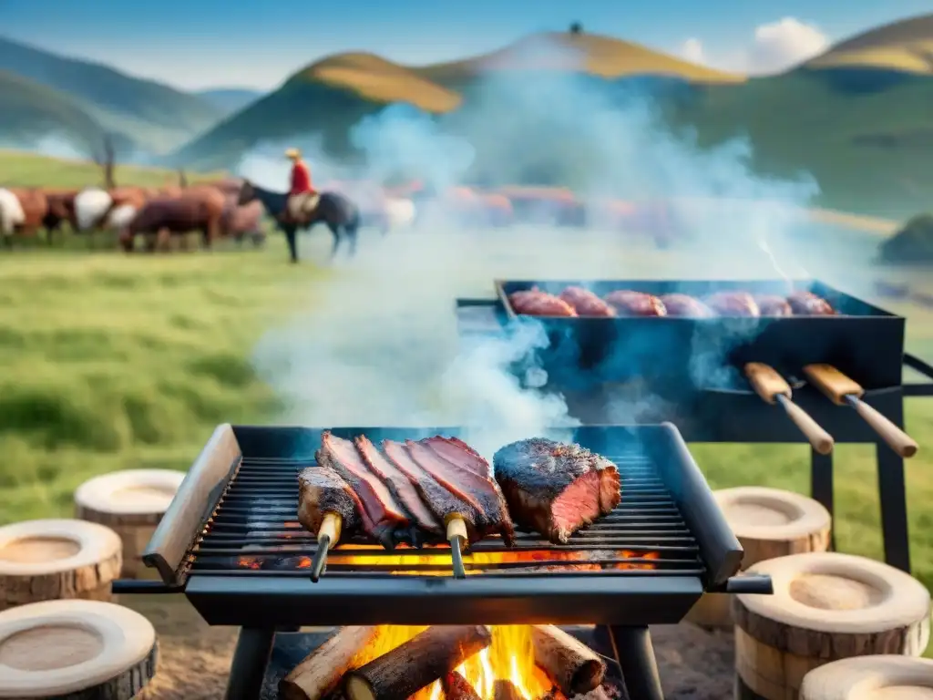 Una escena detallada y realista de un tradicional asado uruguayo, con gauchos y carne asándose en una parrilla