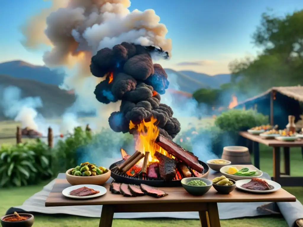 Una escena detallada y realista de un tradicional asado uruguayo virtual, con gauchos, carnes y camaradería en el campo