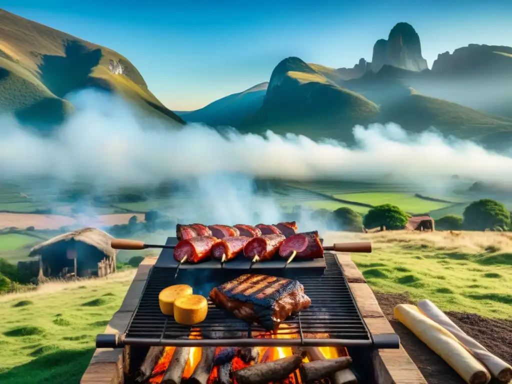 Una escena detallada y realista de una tradicional parrillada uruguaya en el campo, capturando la esencia de la historia parrillada uruguaya tradición