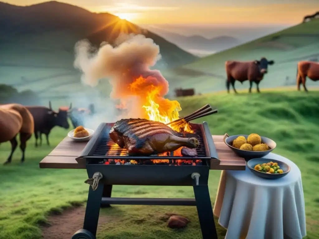 Una escena detallada y realista del tradicional asado uruguayo en un entorno campestre