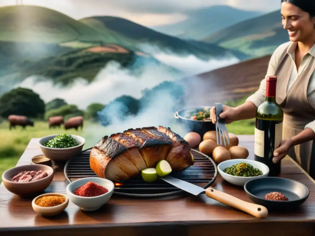 Una escena detallada y realista de una tradicional reunión de asado uruguayo en el campo, resaltando la camaradería y alegría de esta amada tradición