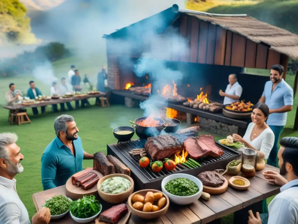 Una escena detallada y realista de una tradicional reunión de asado uruguayo