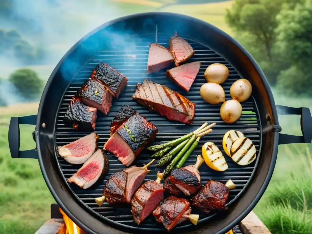 Una escena detallada y realista de un tradicional asado uruguayo en el campo, rodeado de naturaleza y cielo azul