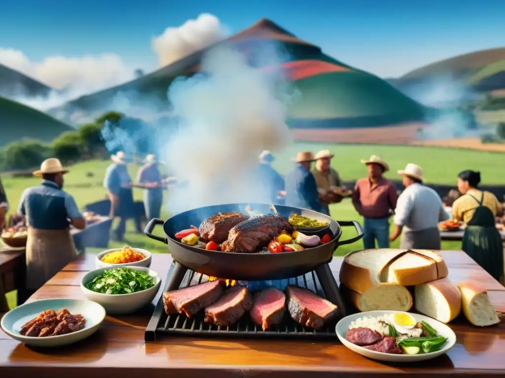 Una escena detallada y realista de un tradicional asado uruguayo, con gente alrededor de una parrilla y comida