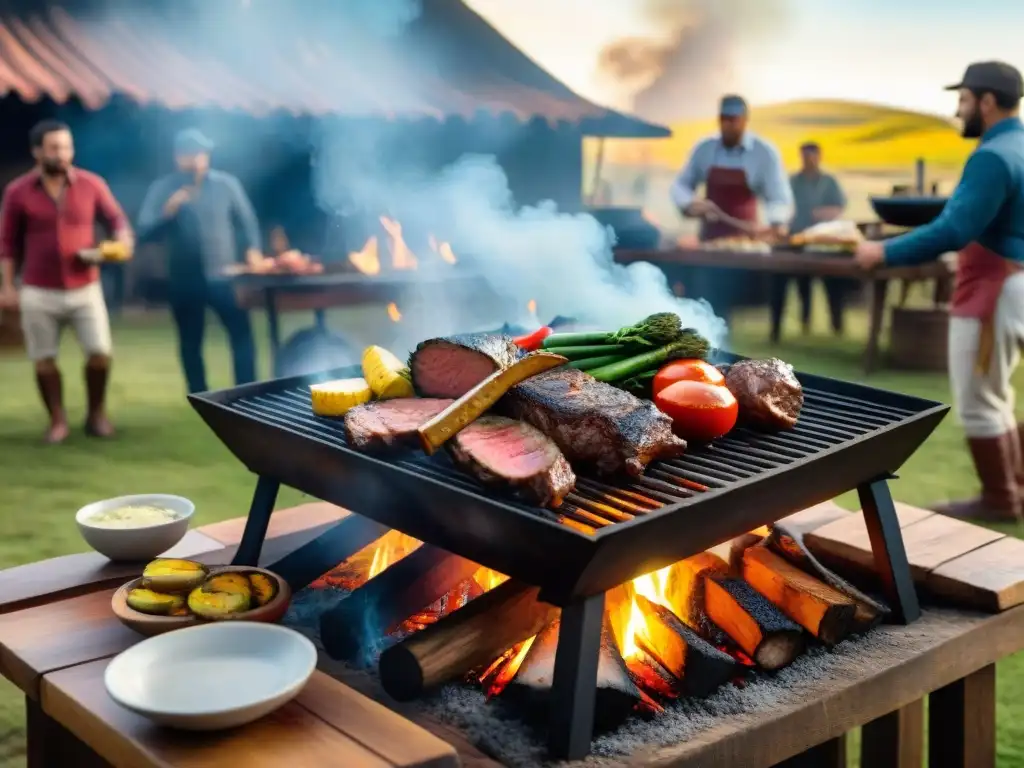 Una escena detallada y realista de un tradicional asado uruguayo, resaltando la importancia del asado uruguayo y su ambiente acogedor