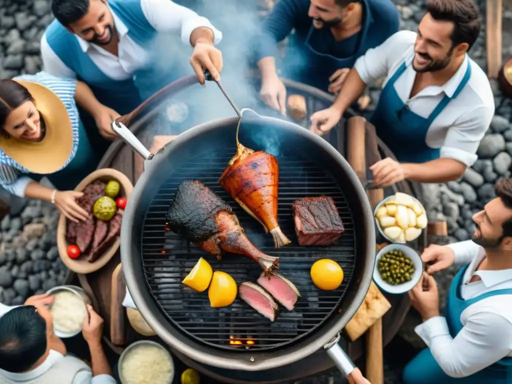 Una escena detallada y realista de un tradicional asado uruguayo, mostrando la unión en torno a la comida