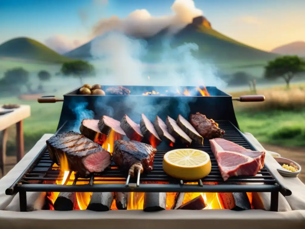 Una escena detallada y realista de un tradicional asado uruguayo en progreso, con gauchos cocinando a la parrilla en un paisaje rural