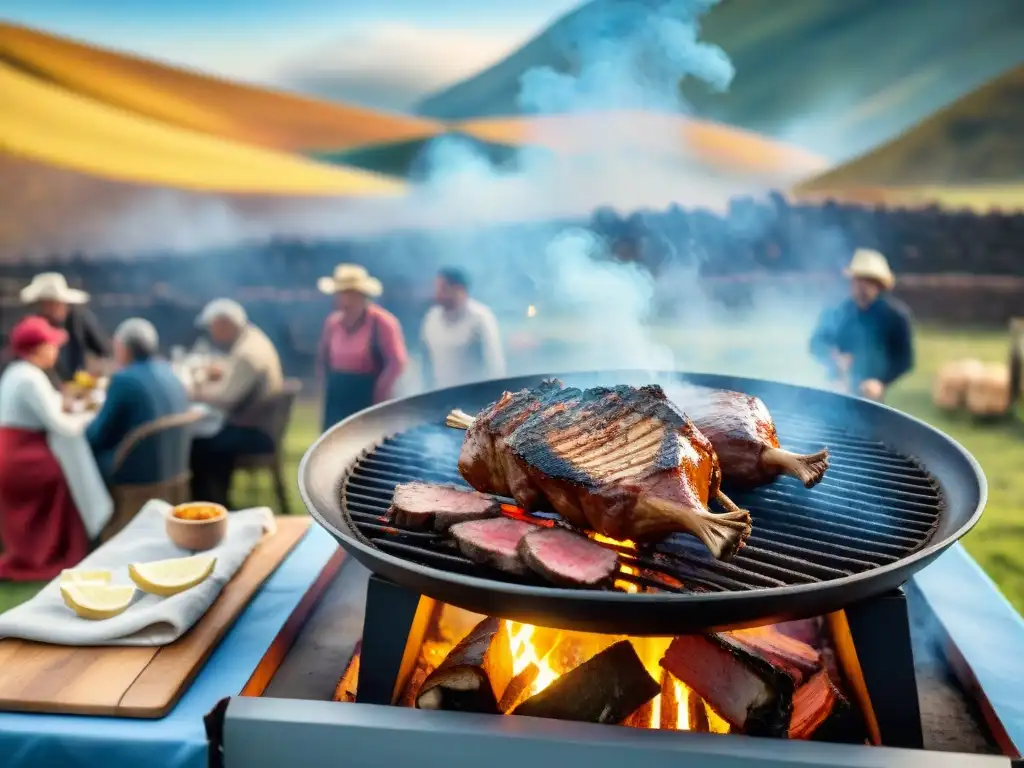 Una escena detallada y realista de un tradicional asado uruguayo en el campo