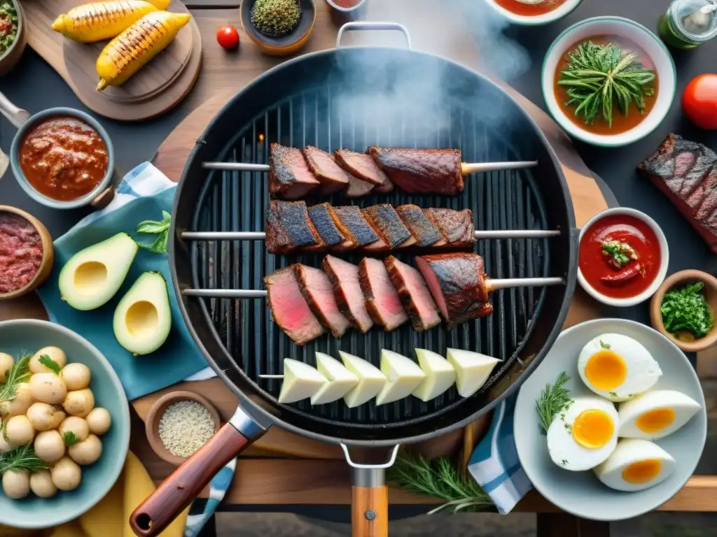 Una escena detallada de un sofisticado asado uruguayo con variedad de equipamiento profesional y técnicas de asado uruguayo, en una mesa de madera