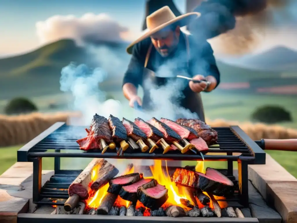 Una escena detallada de técnicas de asado uruguayo tradicionales en un paisaje campestre