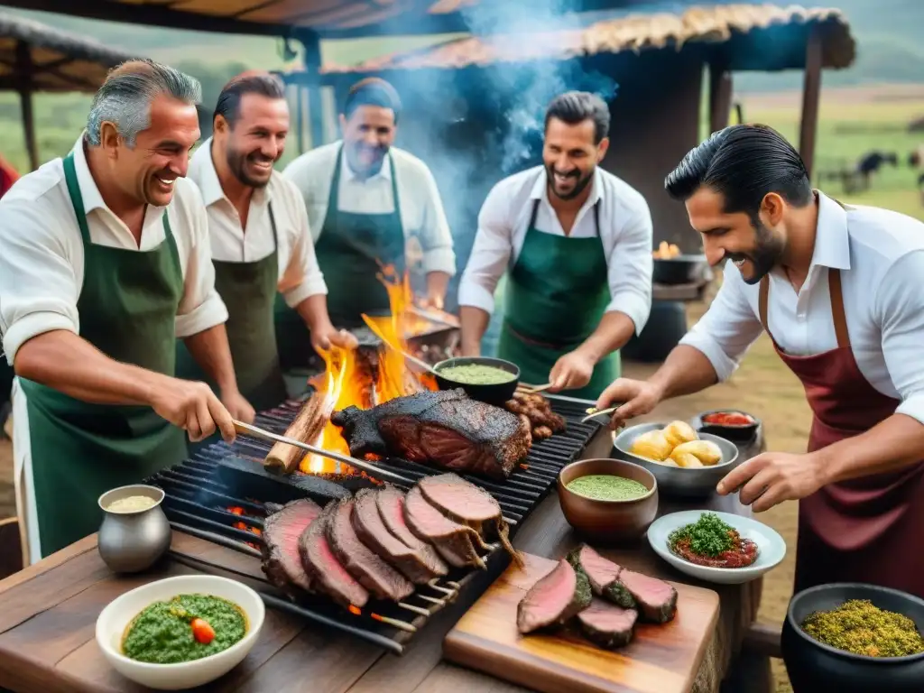 Una escena detallada de un tradicional asado uruguayo en el campo, con amigos y familia disfrutando la historia del asado uruguayo