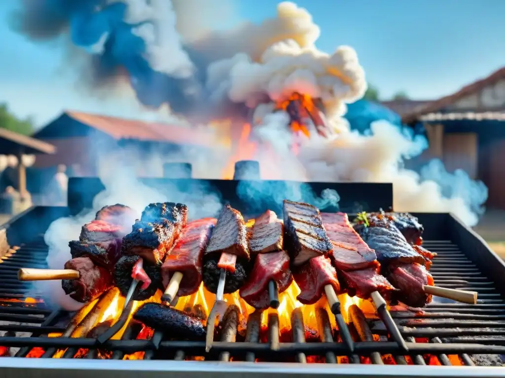 Una escena detallada de un tradicional asado uruguayo, con gauchos y una parrilla llena de carne y vegetales bajo un cielo azul brillante