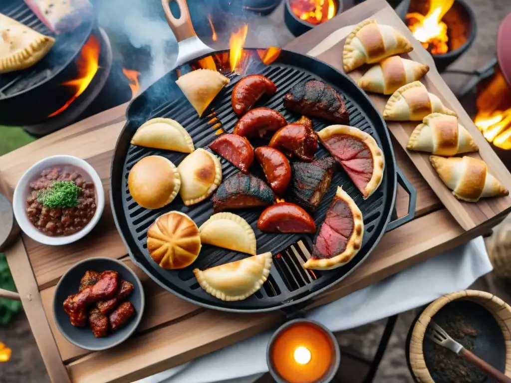 Una escena detallada del tradicional asado uruguayo: mesa rústica con carnes, chorizos y empanadas, amigos junto al fuego y mate