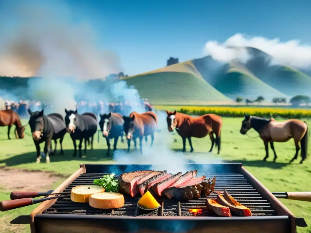 Una escena detallada del tradicional asado uruguayo en el campo, con gauchos, carne, pampas y caballos