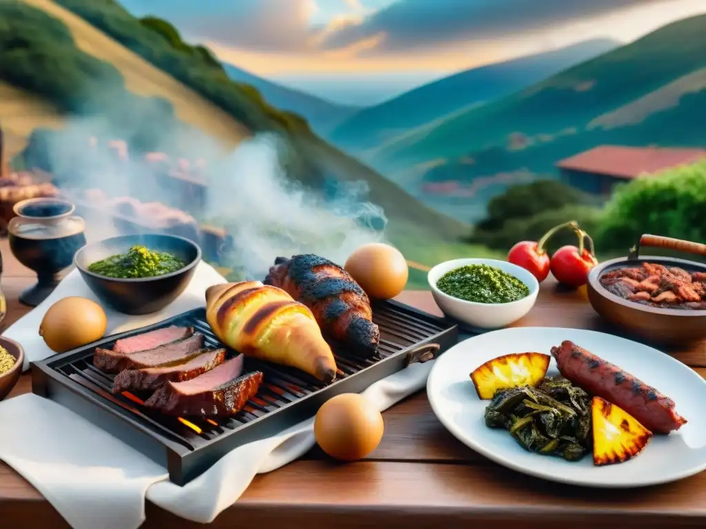 Una escena detallada de un tradicional asado uruguayo en el campo al atardecer
