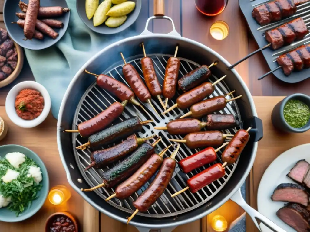 Una escena detallada de un tradicional asado uruguayo al aire libre, con un grupo disfrutando de la comida y vino Tannat