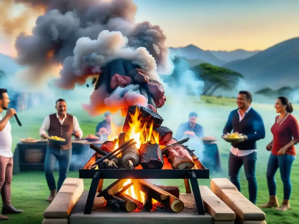 Una escena detallada de un tradicional asado uruguayo, con amigos alrededor de la parrilla, bajo el cielo sudamericano