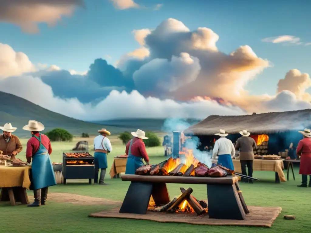 Una escena detallada del tradicional asado uruguayo con gauchos y alimentos bajo el cielo azul