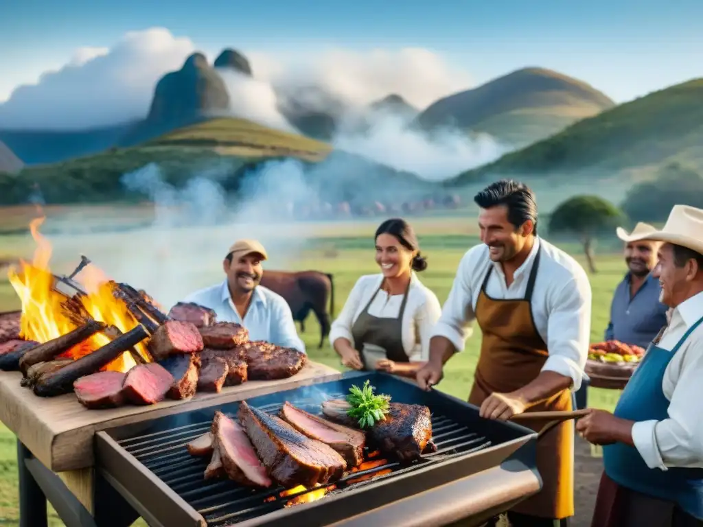 Una escena detallada de un tradicional asado uruguayo en el campo, con gauchos, familias y carne en la parrilla