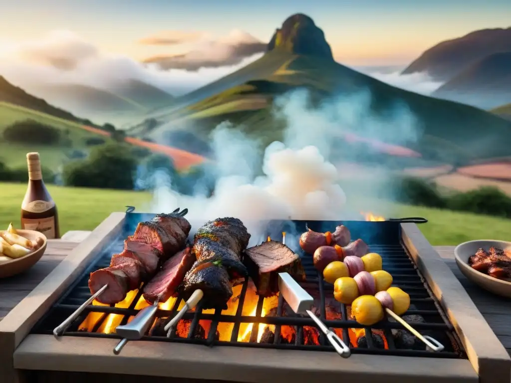 Una escena detallada de un tradicional asado uruguayo en el campo, con amigos disfrutando de la historia del asado uruguayo