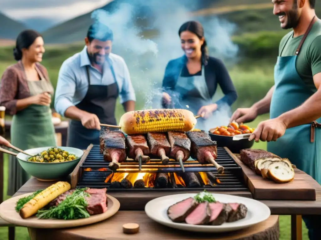 Una escena detallada del tradicional asado uruguayo en la hora dorada