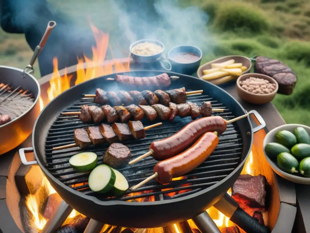 Una escena detallada de un tradicional asado uruguayo en el campo