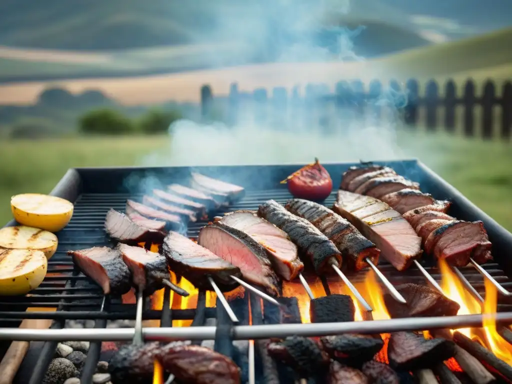 Una escena detallada de un tradicional asado uruguayo con variedad de carnes sobre la parrilla, un asador experto y paisaje campestre