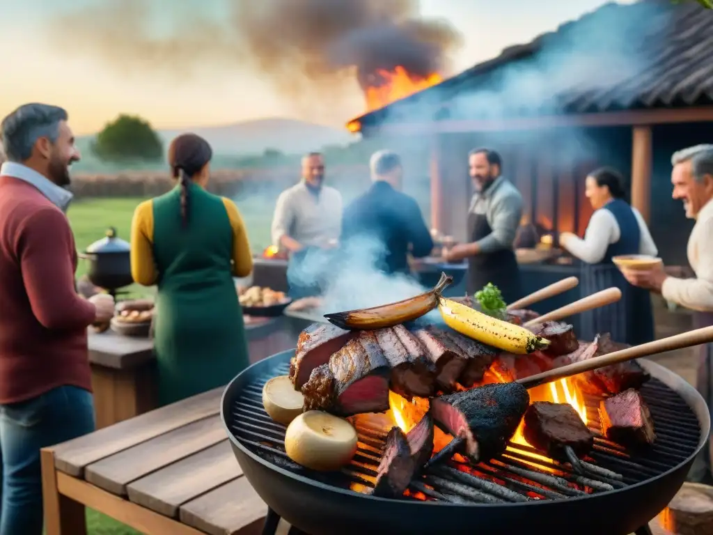 Una escena detallada de un tradicional asado uruguayo al aire libre, con generaciones reunidas disfrutando de la comida y la compañía