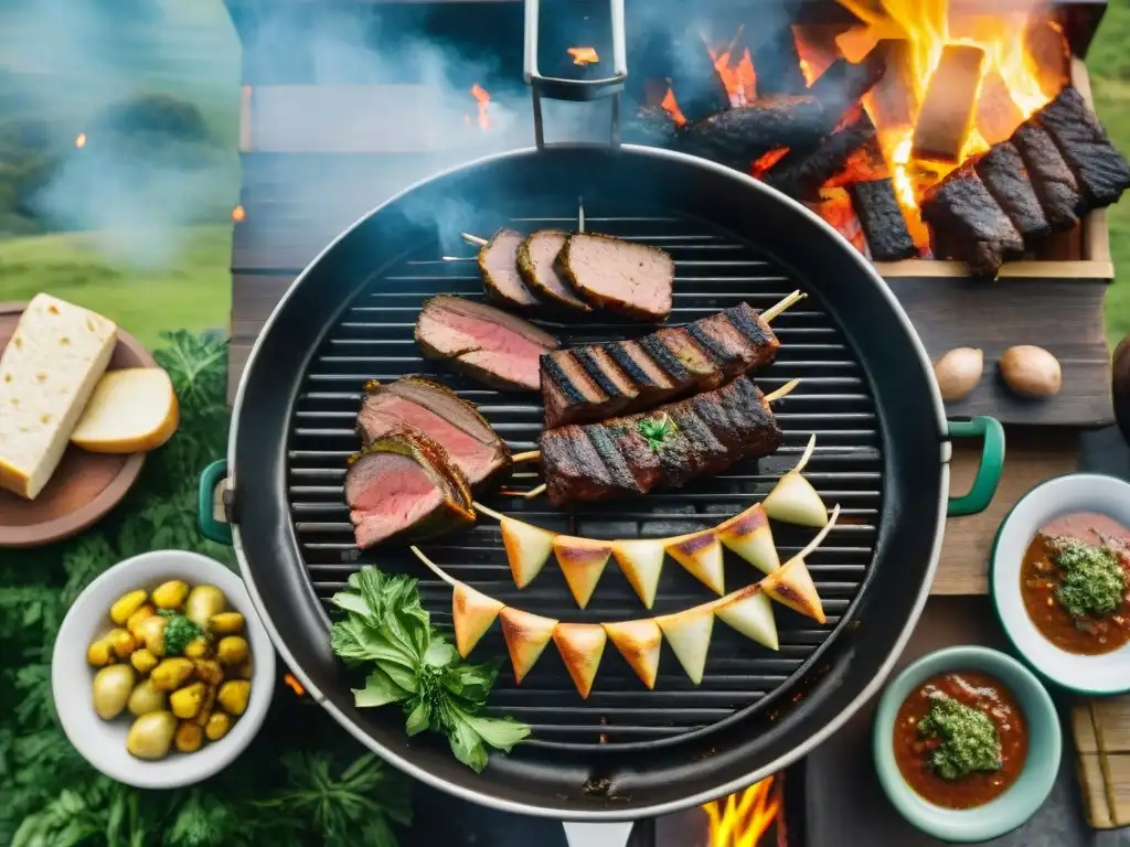 Una escena detallada de un tradicional asado uruguayo en el campo, con una variedad de carnes asándose en la parrilla sobre brasas calientes