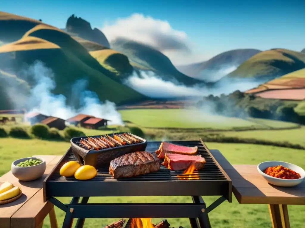 Una escena detallada de un tradicional asado uruguayo con influencia de importaciones, chefs gauchos y vegetales coloridos