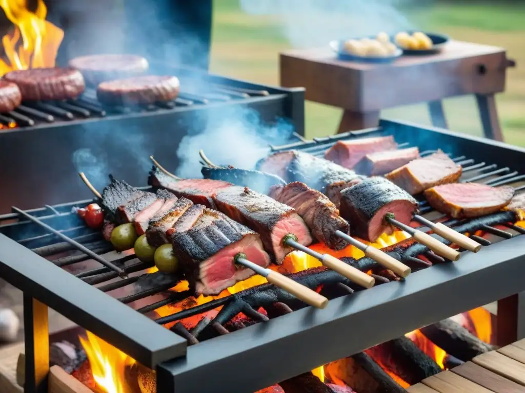 Una escena detallada de un tradicional asado uruguayo en una parrilla, con chefs preparando carne sobre brasas mientras se organiza un asado uruguayo para 100 invitados