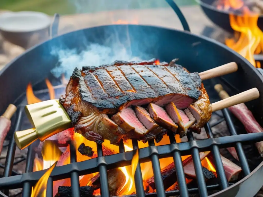 Una escena detallada de un tradicional asado de cordero uruguayo, con la carne dorada y gauchos en ponchos