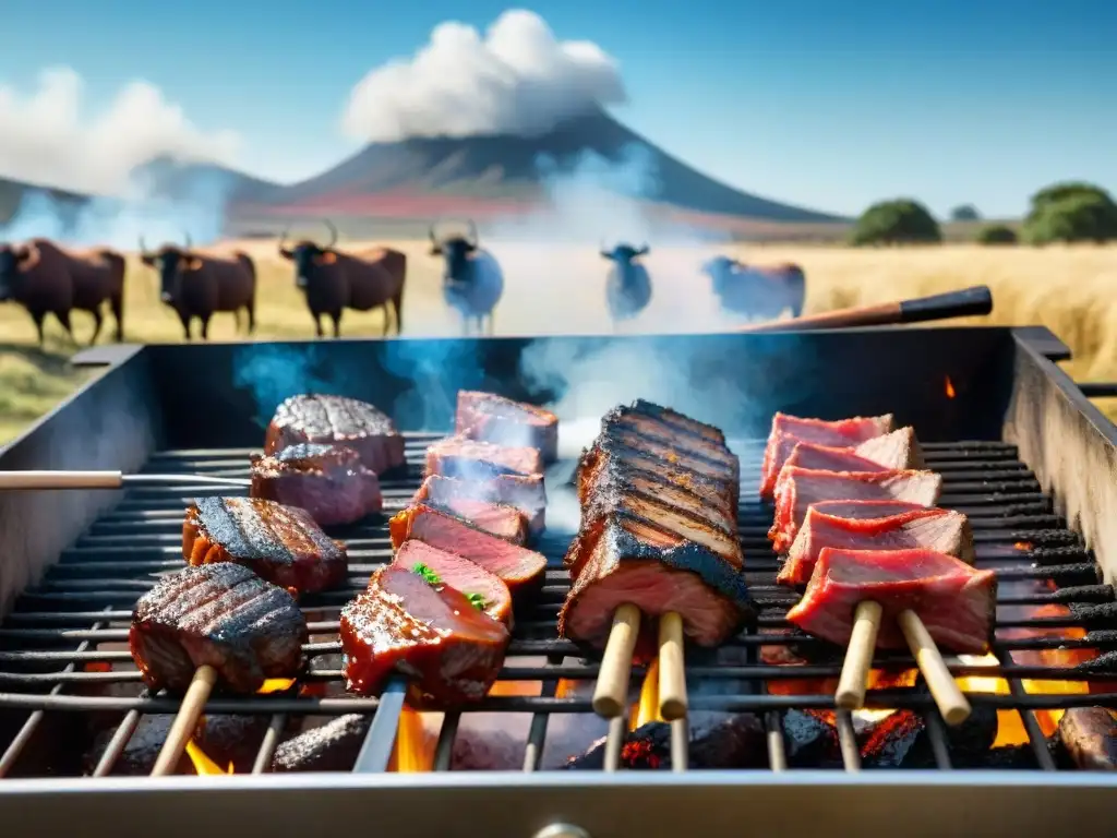 Una escena detallada de un tradicional asado uruguayo, con gauchos y carnes asándose sobre brasas, bajo un cielo azul