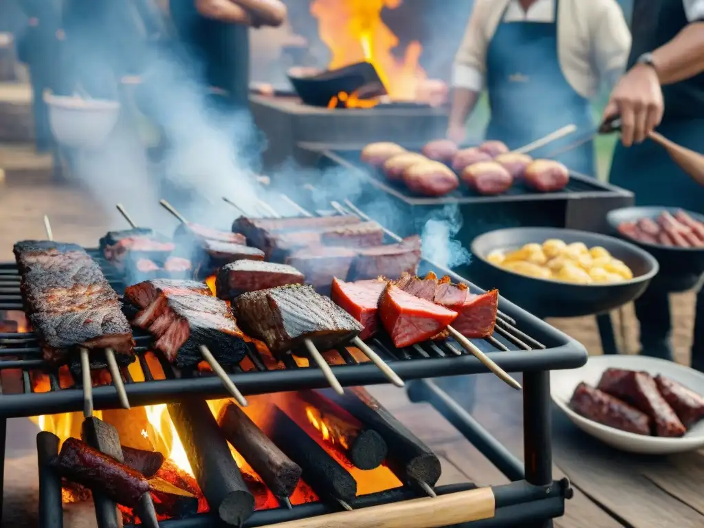 Una escena detallada de un tradicional asado uruguayo, con chefs gauchos preparando churrasco, morcilla y chorizo