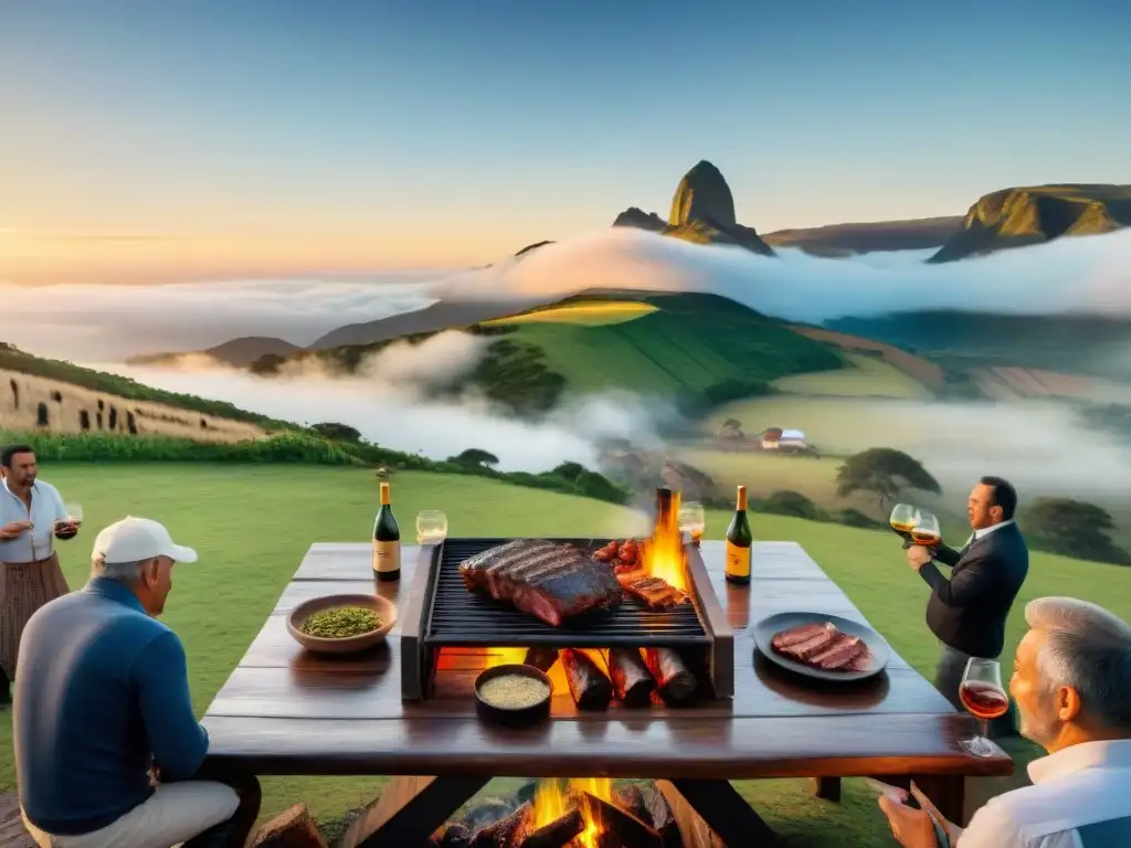 Una escena detallada de un tradicional asado uruguayo, que fusiona historia, tradición y modernidad en un entorno campestre al atardecer