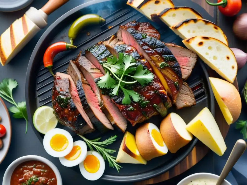 Una escena detallada de un tradicional asado uruguayo con cortes recomendados, en un entorno natural