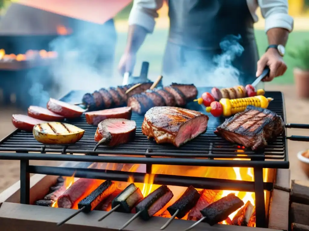 Una escena detallada de un tradicional asado uruguayo, con calidad carne asado uruguayo y amigos disfrutando alrededor de la parrilla