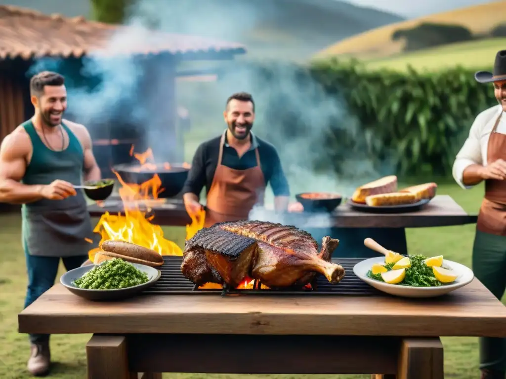 Una escena detallada de un tradicional asado uruguayo al aire libre