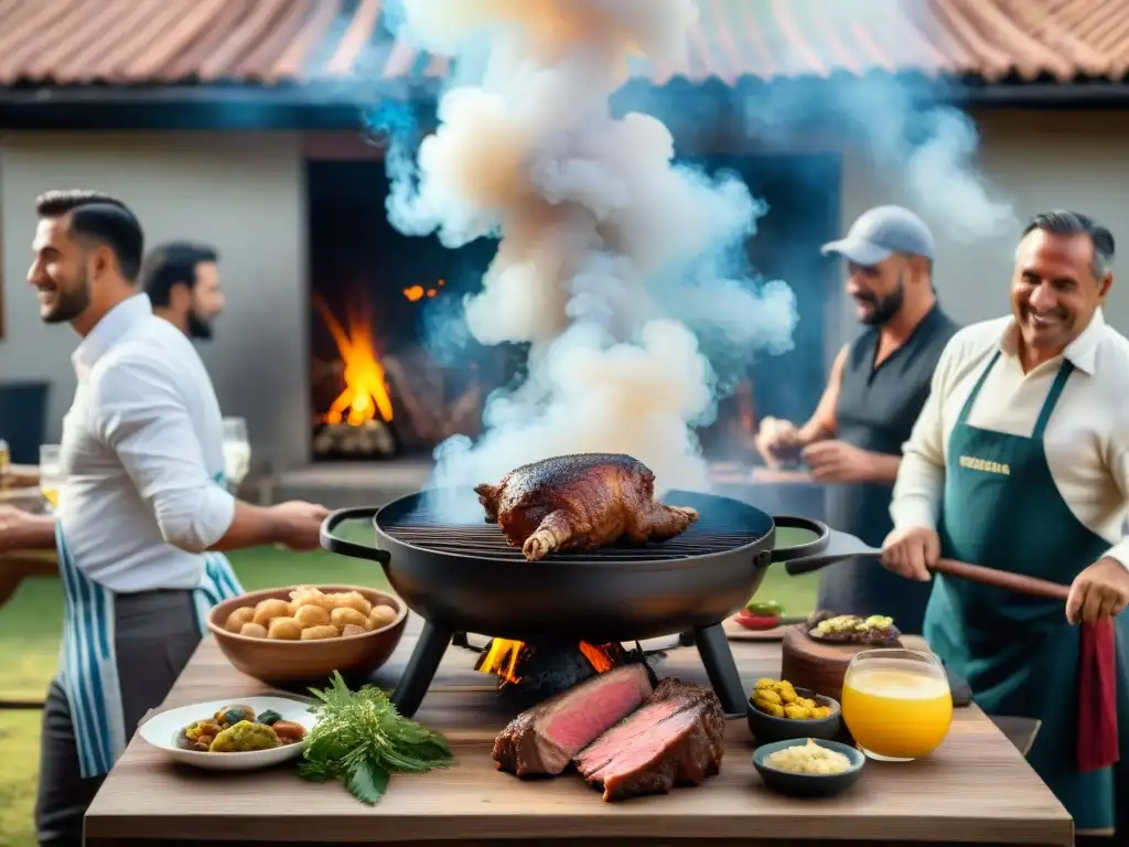 Una escena detallada de un tradicional asado uruguayo, con personas felices cocinando carne en una parrilla al aire libre