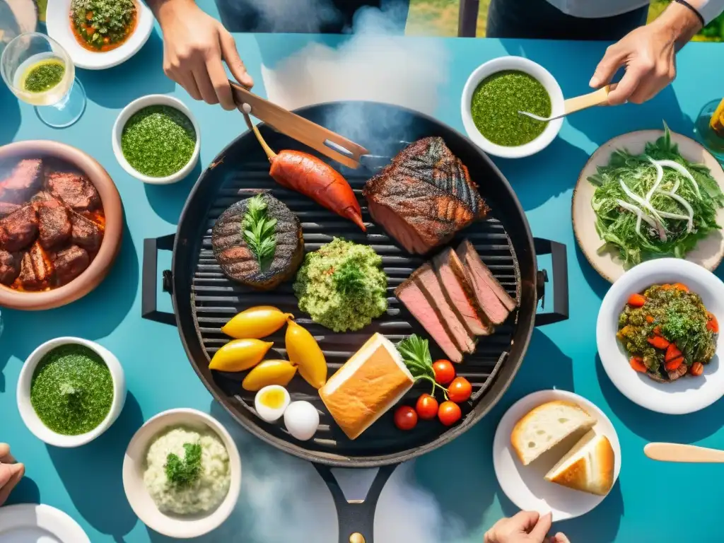 Una escena detallada de un tradicional asado uruguayo en el campo, resaltando el significado cultural del asado en Uruguay