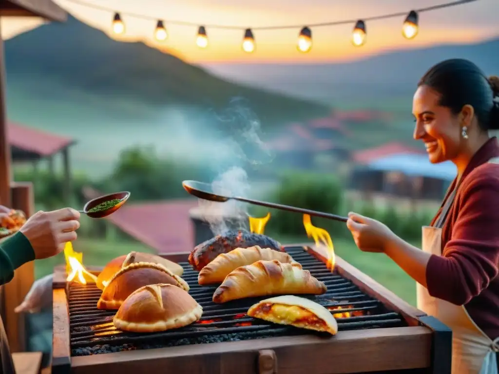 Una escena detallada de un tradicional asado uruguayo al aire libre con amigos disfrutando, destacando la tradición del asado uruguayo