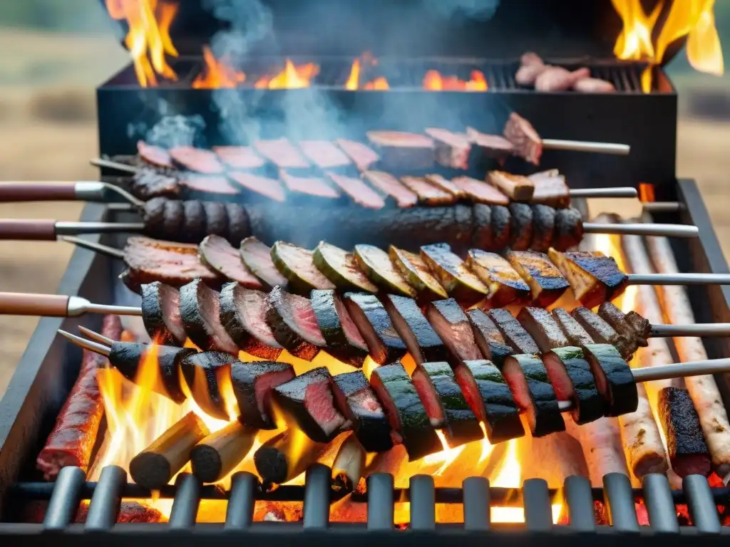 Una escena detallada de un tradicional asado uruguayo con carne sizzling en la parrilla sobre brasas ardientes