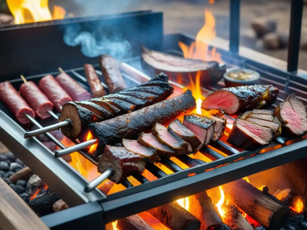 Escena asado uruguayo: brasas ardientes y cortes de carne sizzling Una escena detallada de un tradicional pozo de asado uruguayo, con brasas ardientes y carne en la parrilla