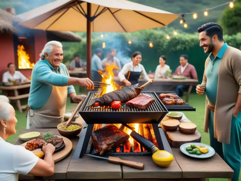 Una escena detallada y vibrante de un asado uruguayo con influencia judía: familia, amigos y comida en un entorno rústico