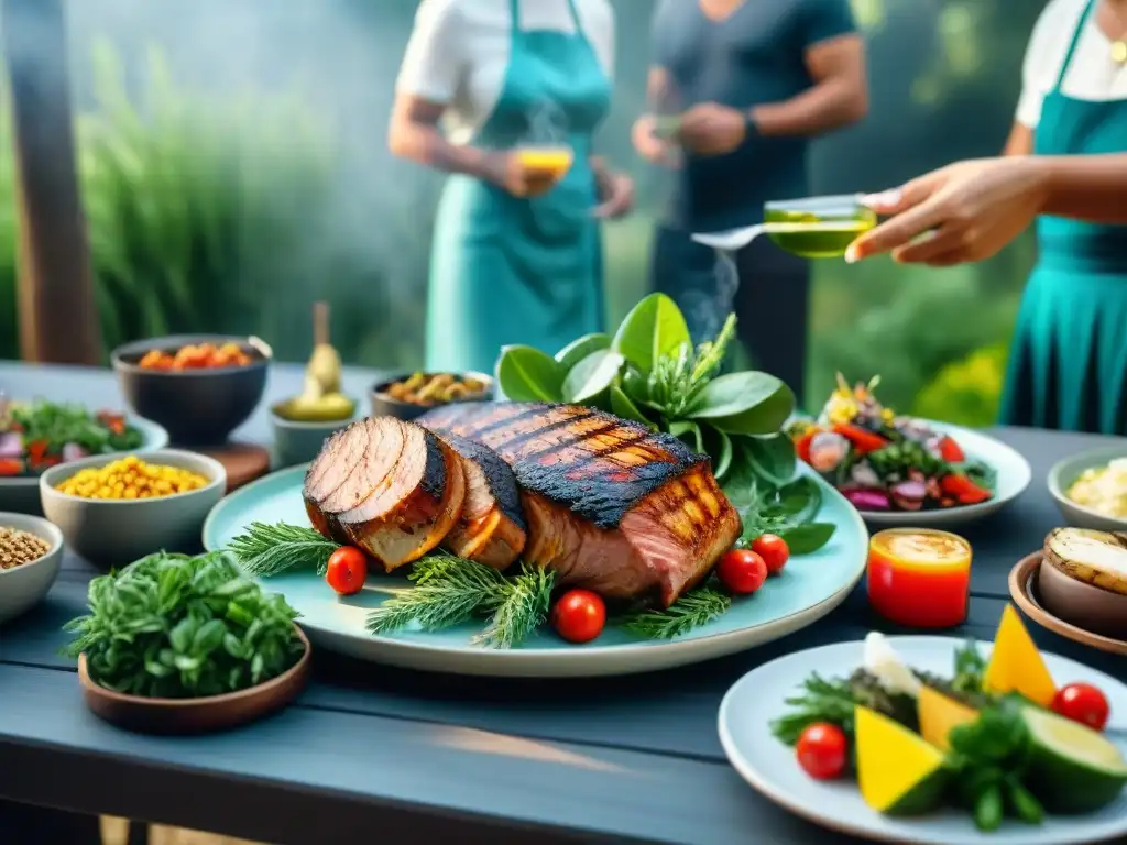 Escena detallada de un vibrante asado de verano con bebidas refrescantes y productos gourmet